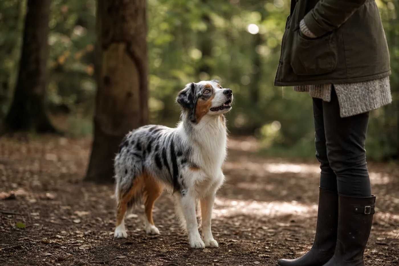 Berger Australien bleu merle observant son humain sur un sentier