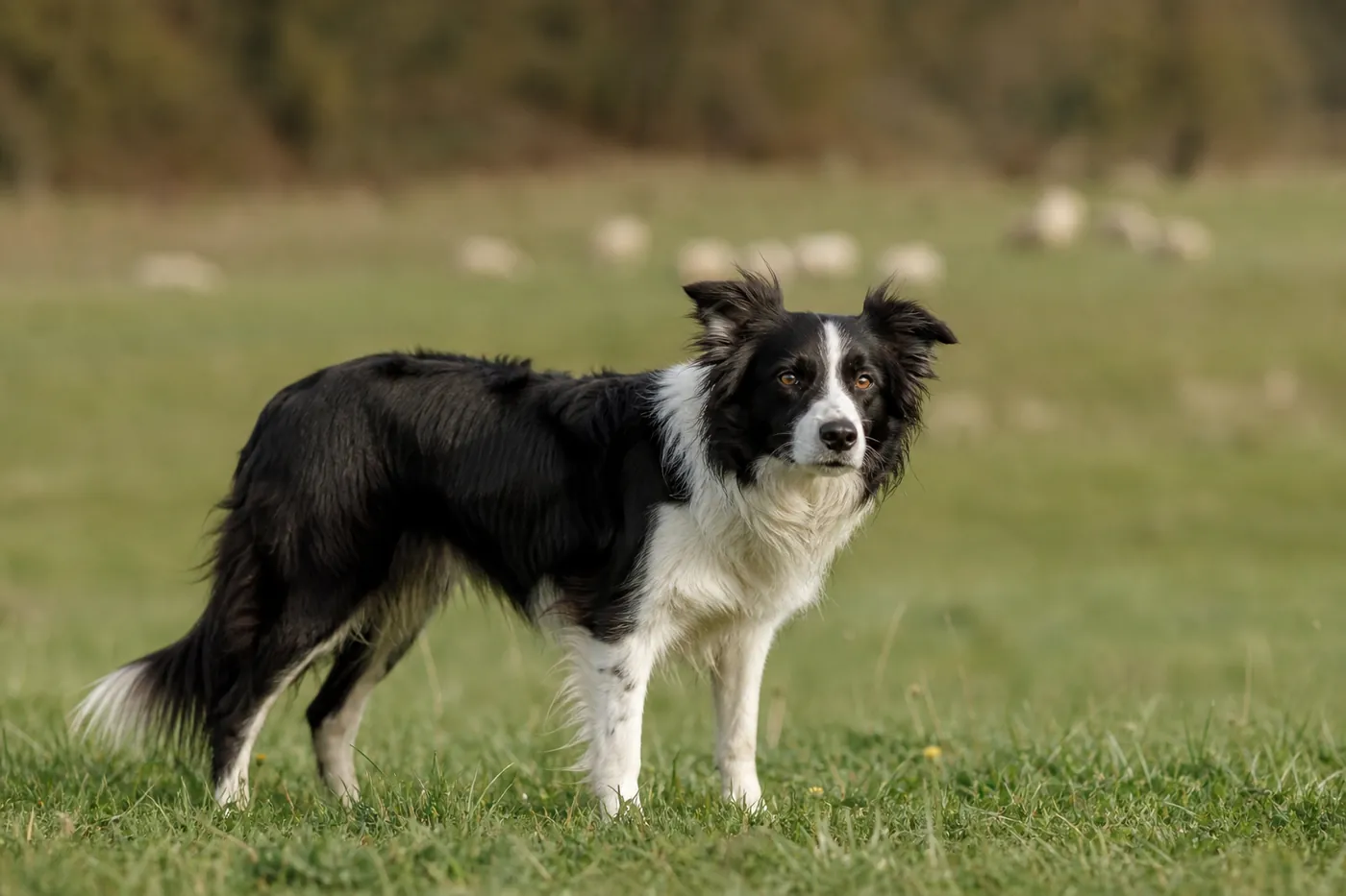 Border Collie noir et blanc immobile dans une prairie