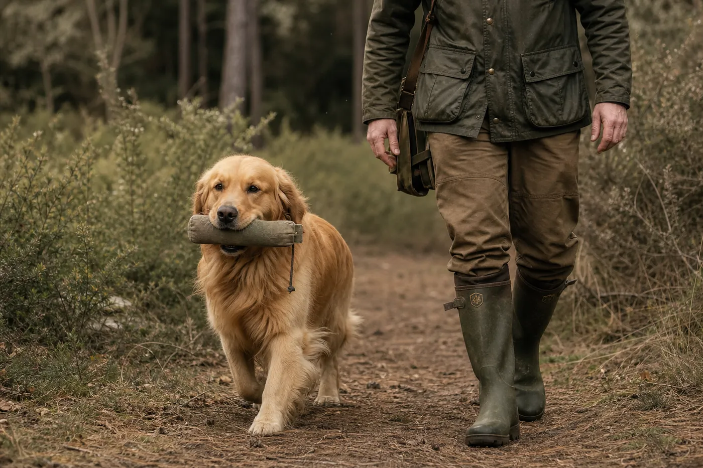 Golden Retriever adulte marchant au bord d'un chemin de campagne