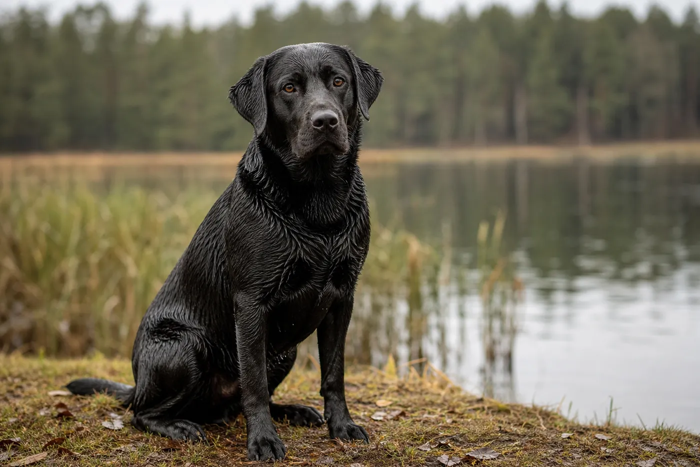 Labrador Retriever noir assis près d'un lac